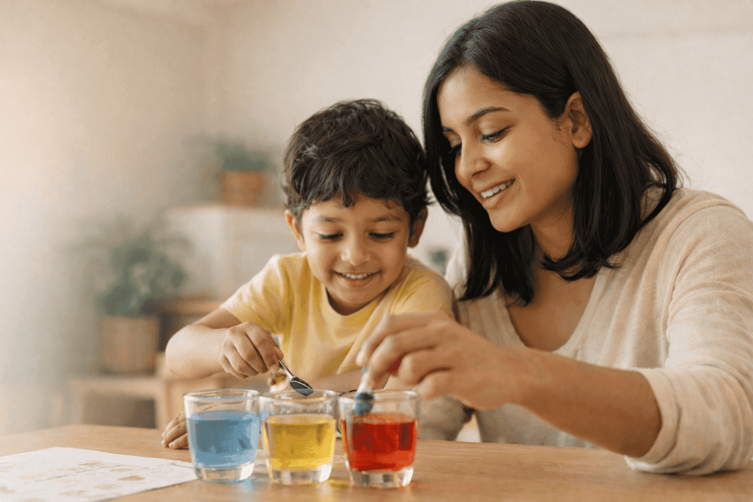 Parent helping child with a water and color mixing science experiment